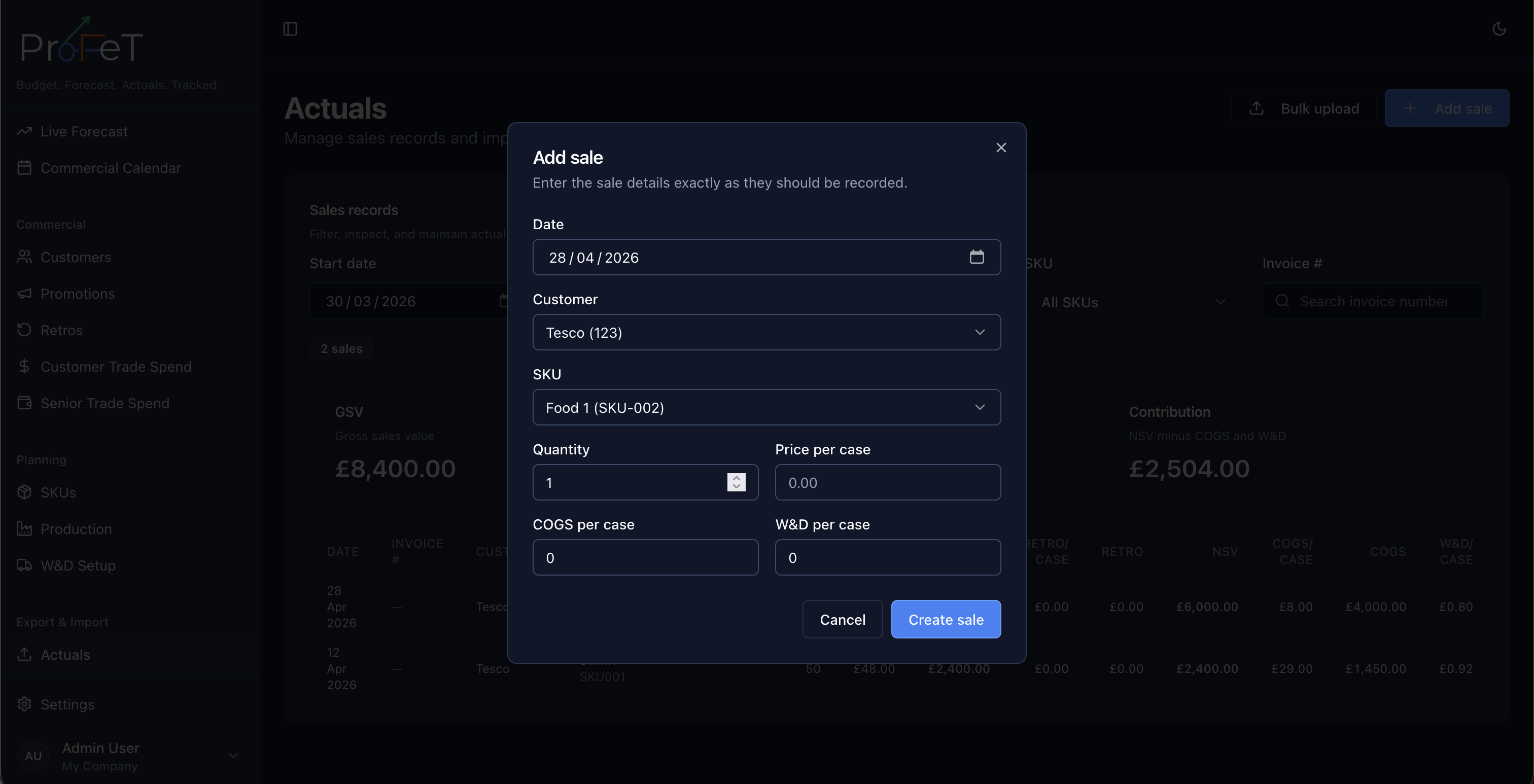 Add Sale modal for entering a single actuals transaction