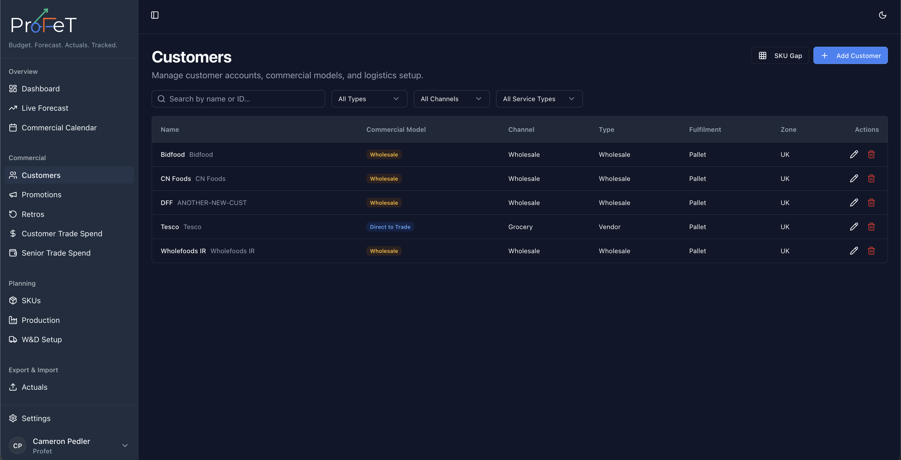 Customer list with key account attributes