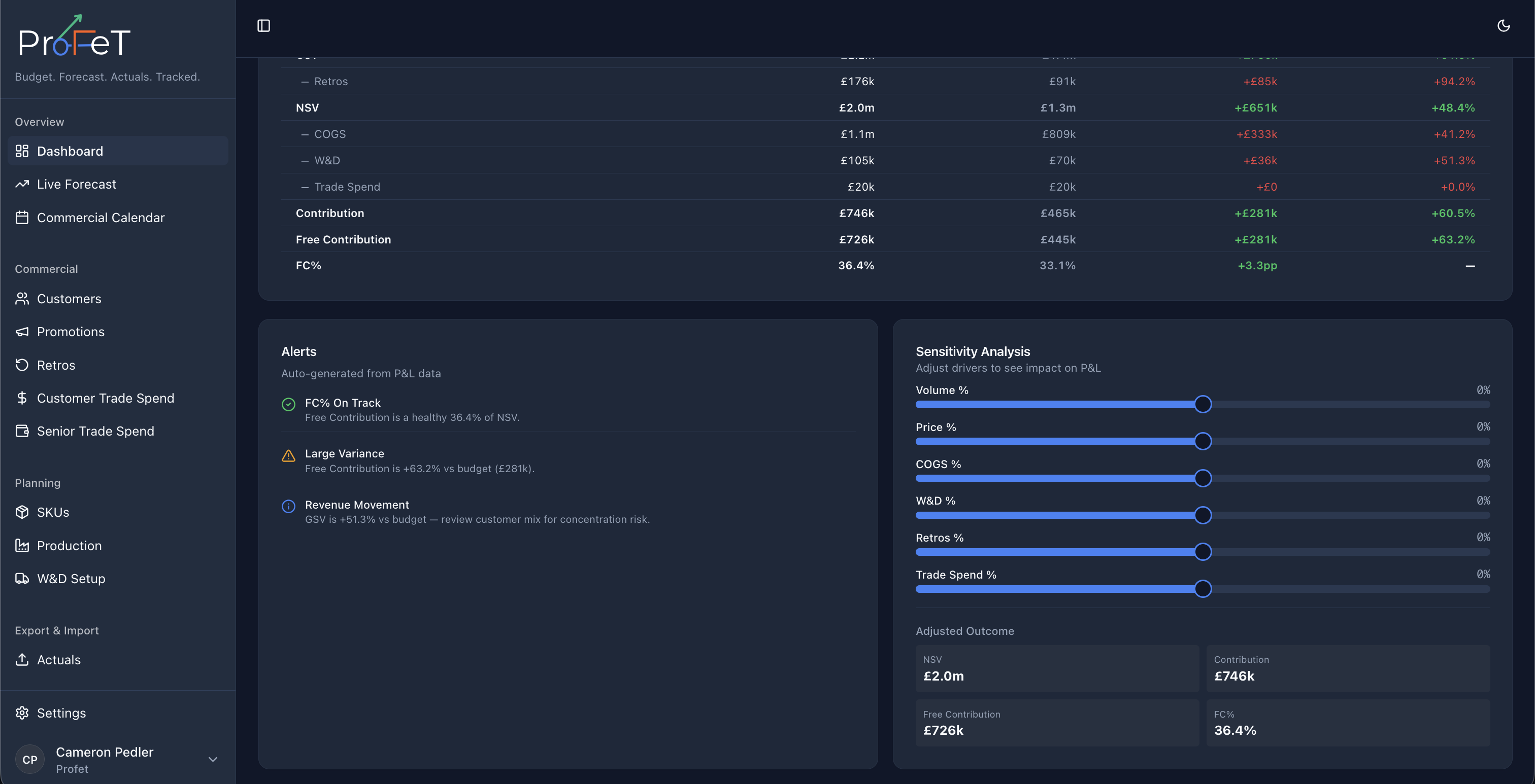 Dashboard alerts and sensitivity analysis panel