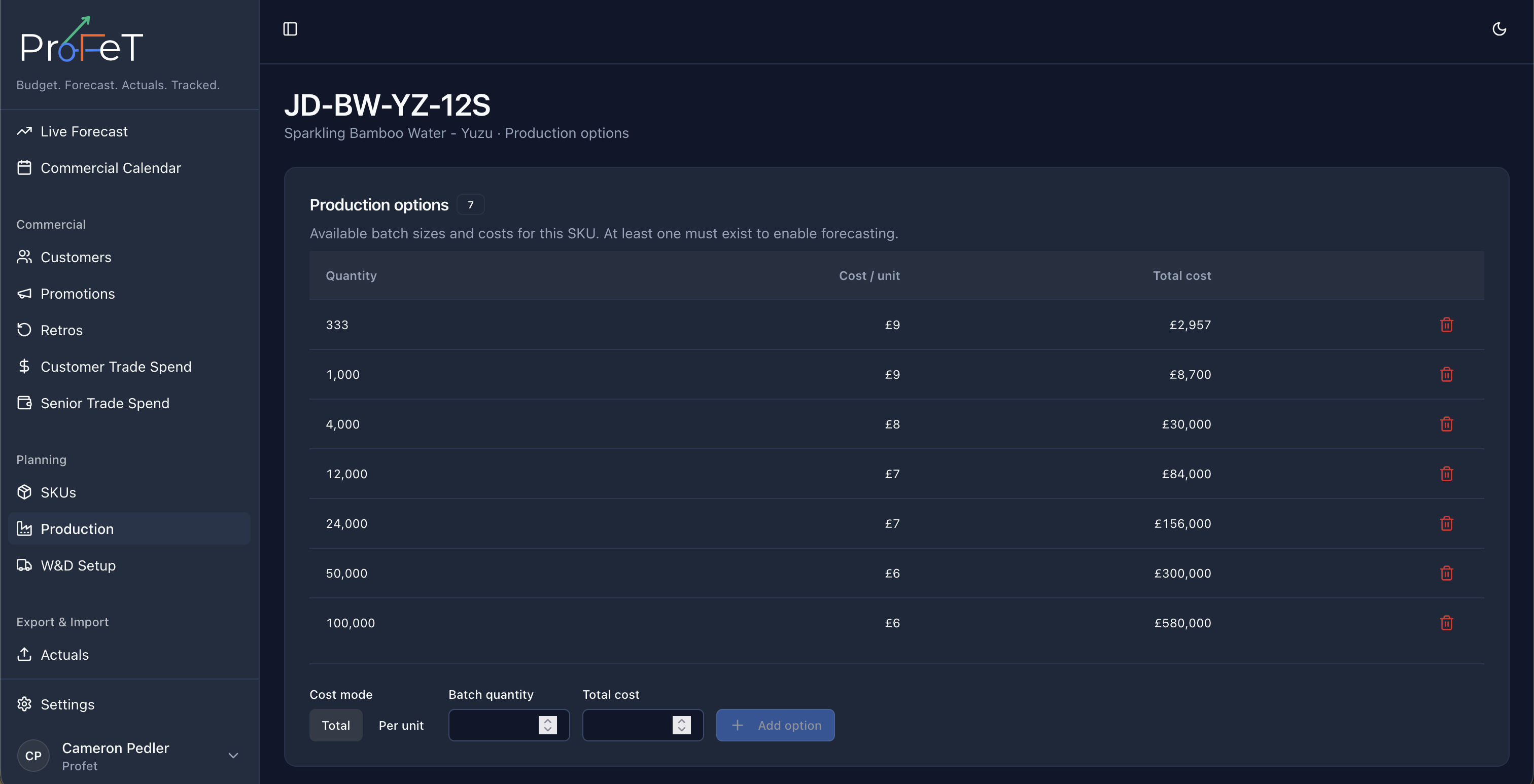 Production options setup for an SKU