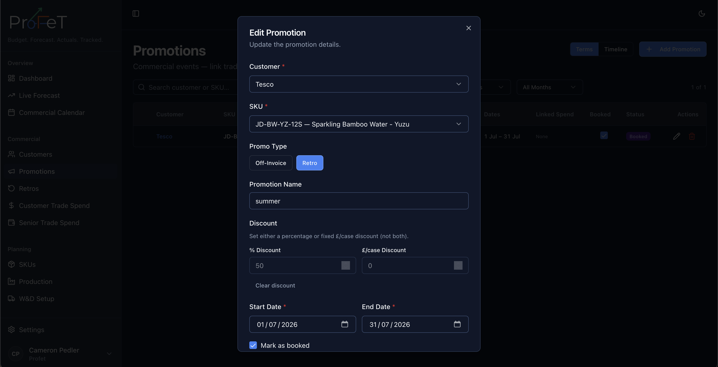 Promotion detail form with customer, SKU, and discount terms