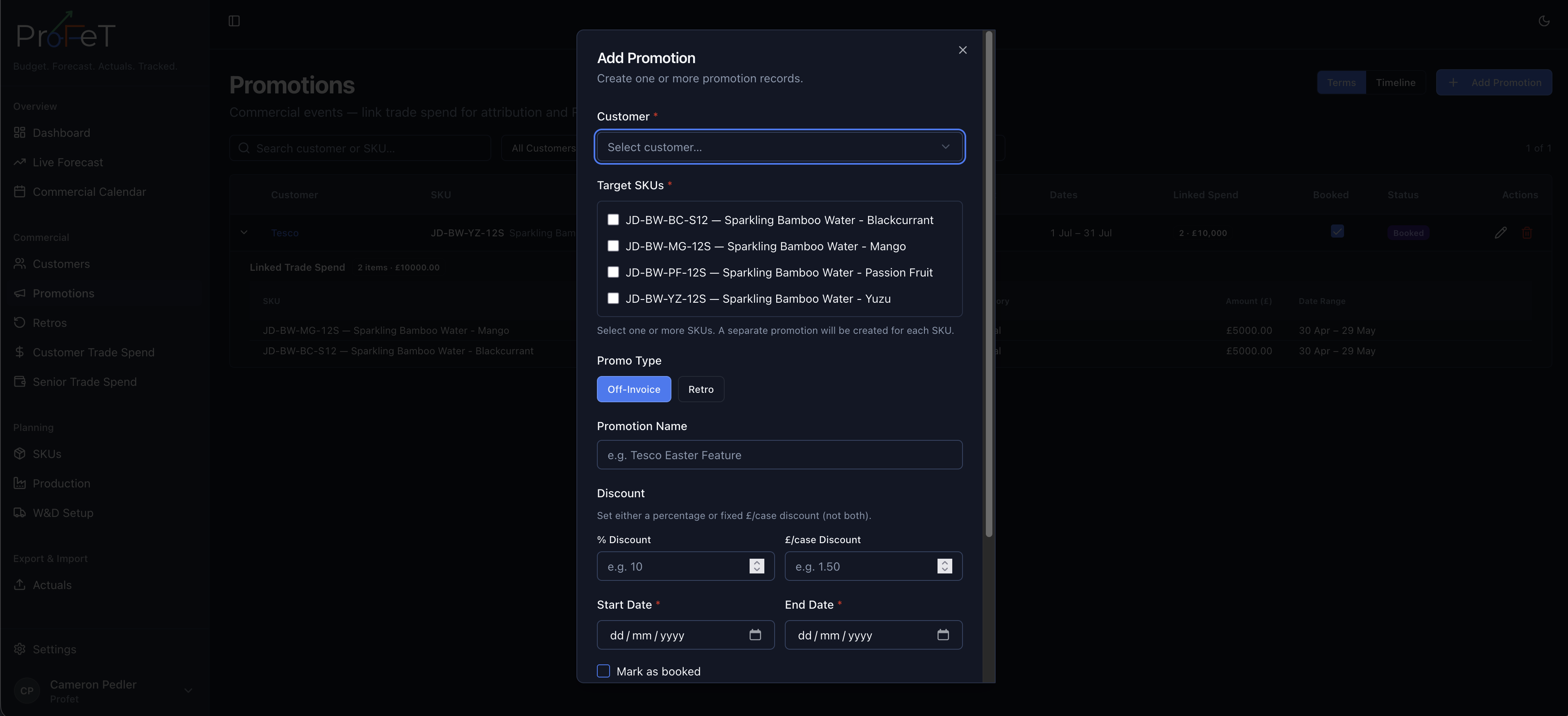 Add promotion form with customer, SKU, dates, and discount inputs