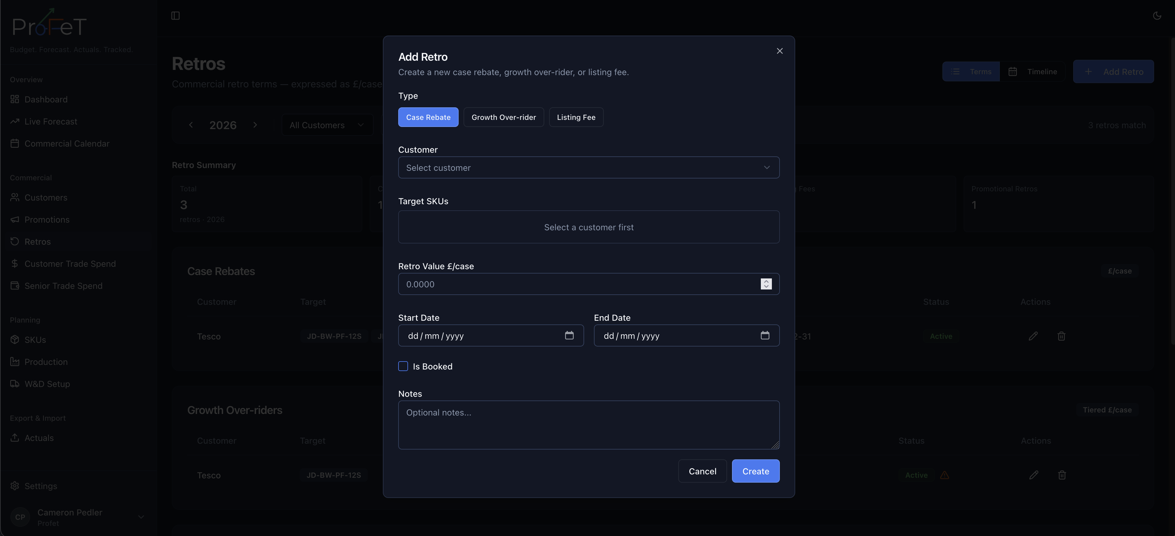 Add retro form with customer, SKU, discount, and date settings