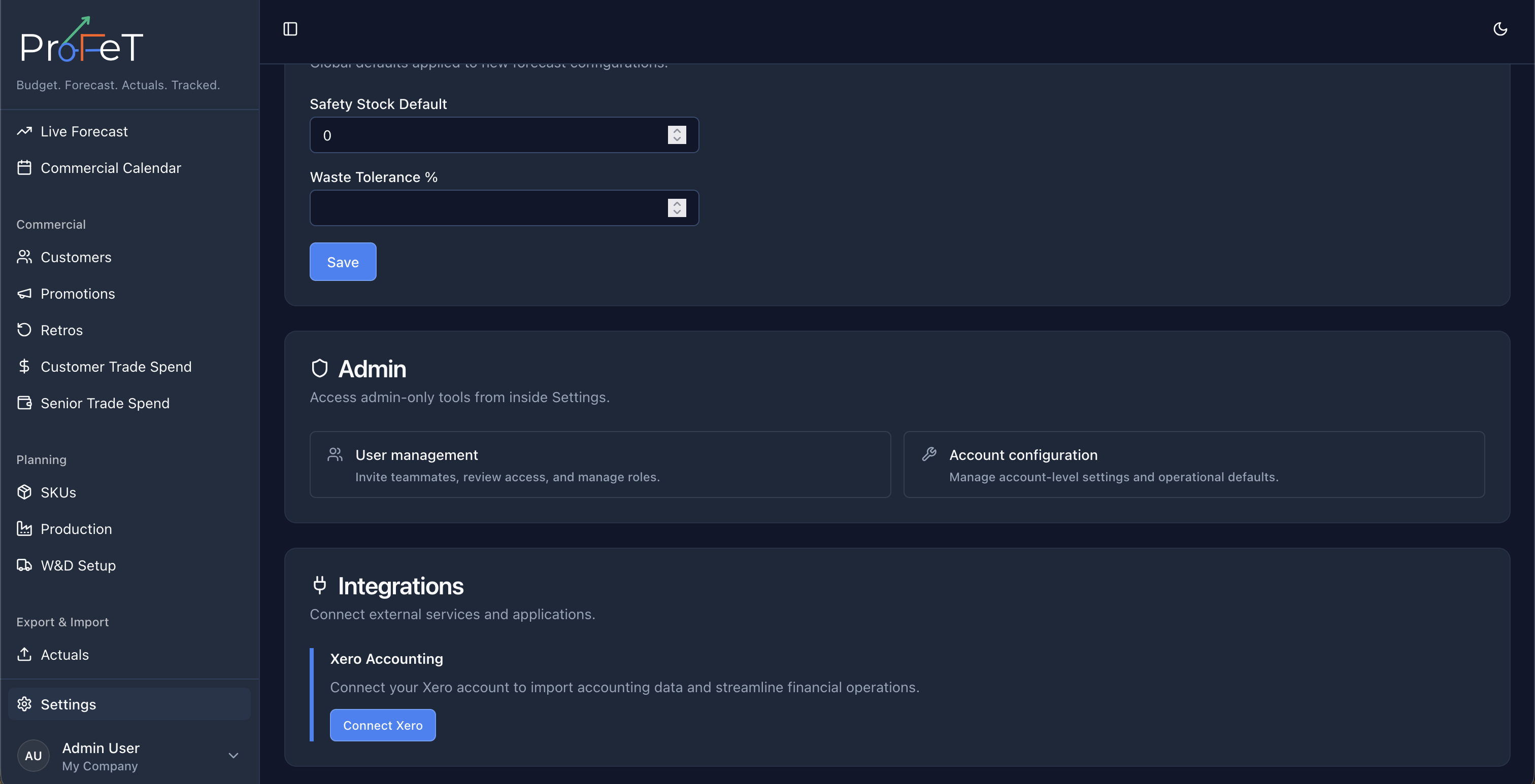 Settings page with tenant-level options