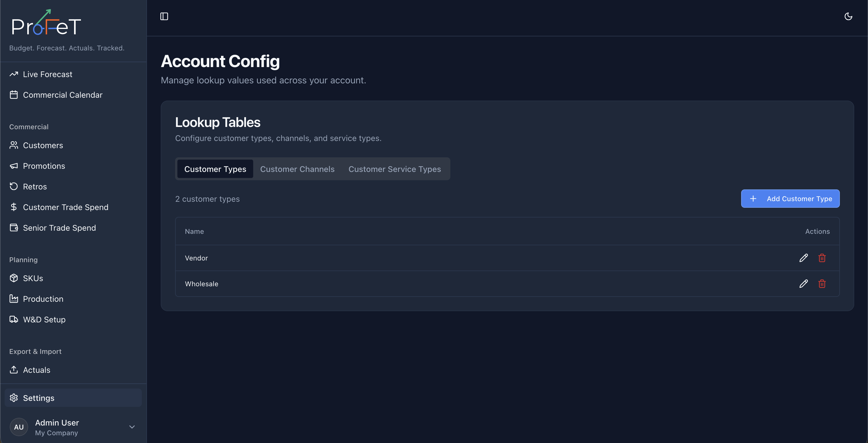 Account config table for customer types and related lookups