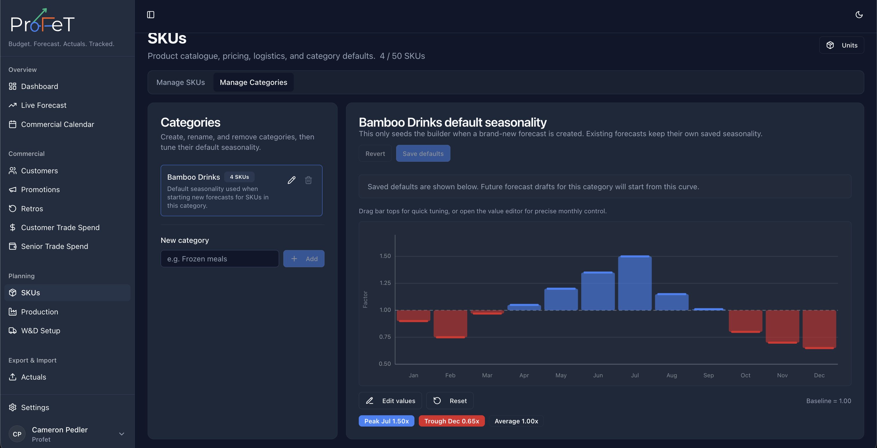 SKU category and seasonality configuration