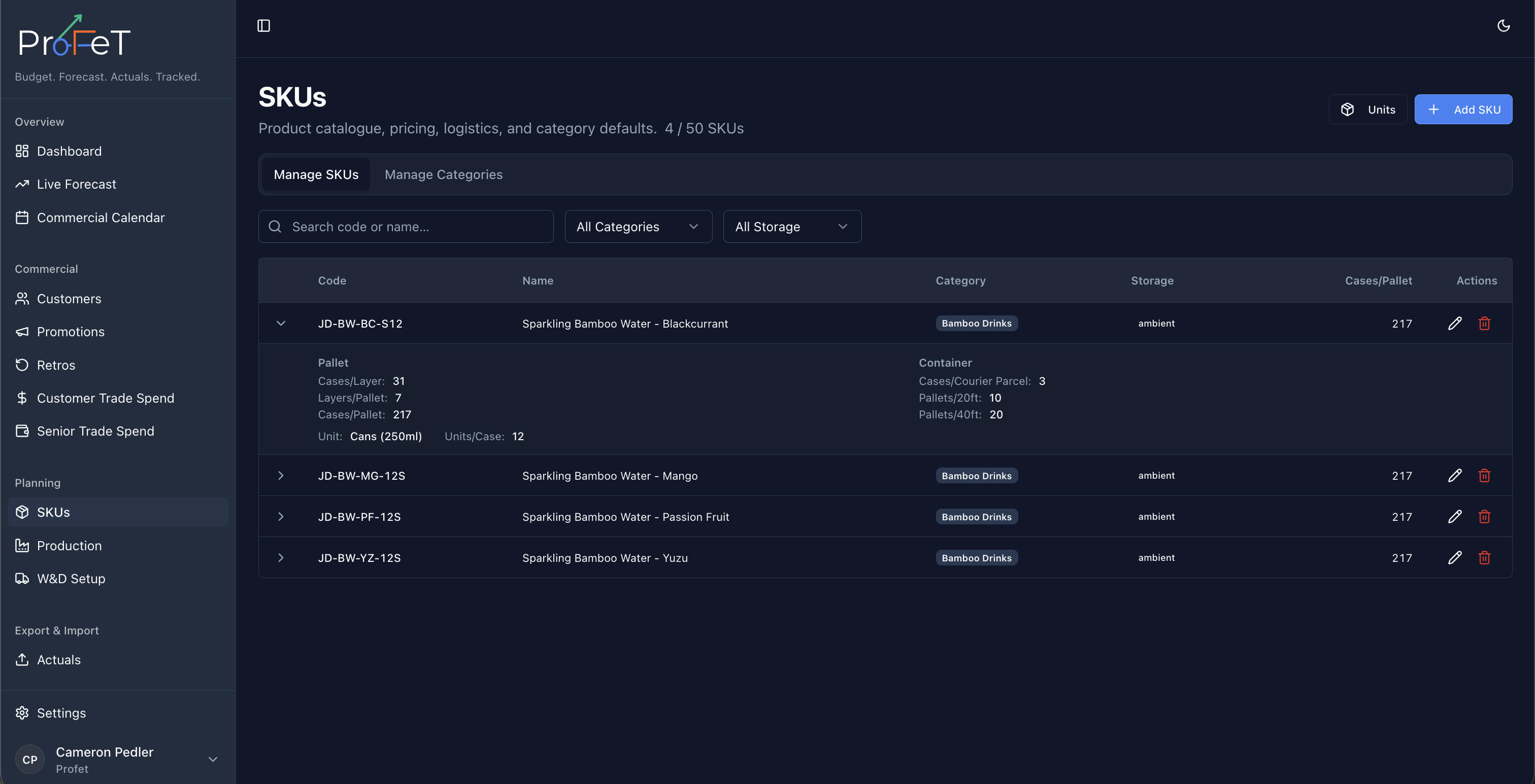 SKU list with key master data columns