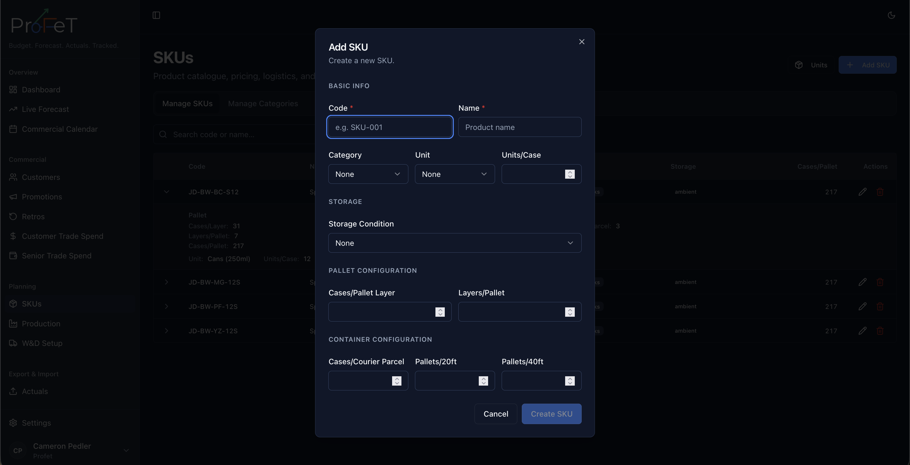SKU detail with pricing, logistics, and production fields