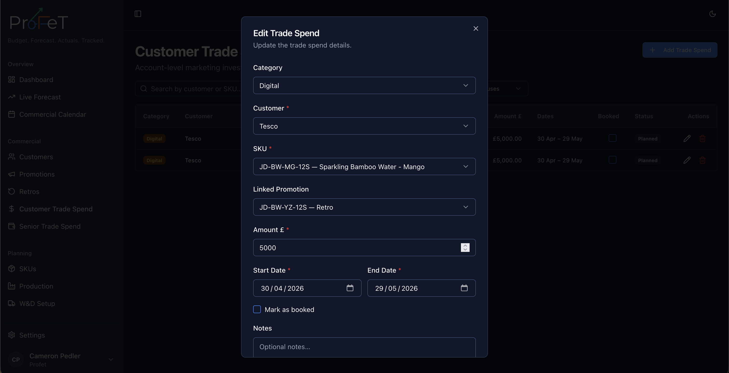 Trade spend detail with amount and date range