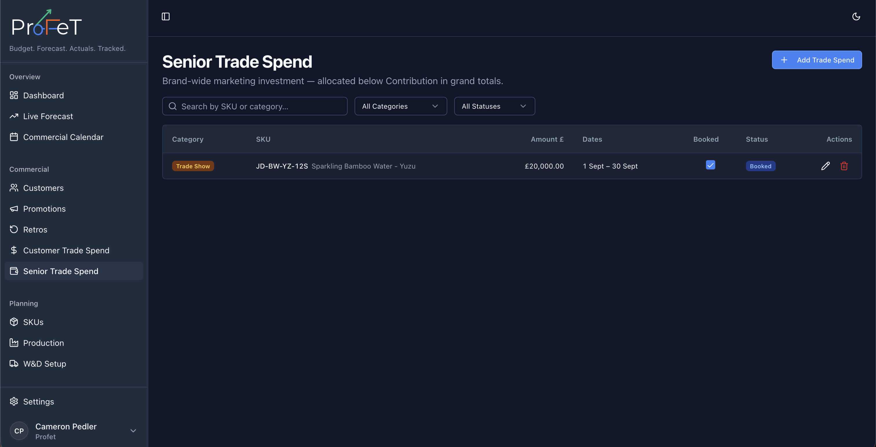 Overarching trade spend page for company-wide allocations