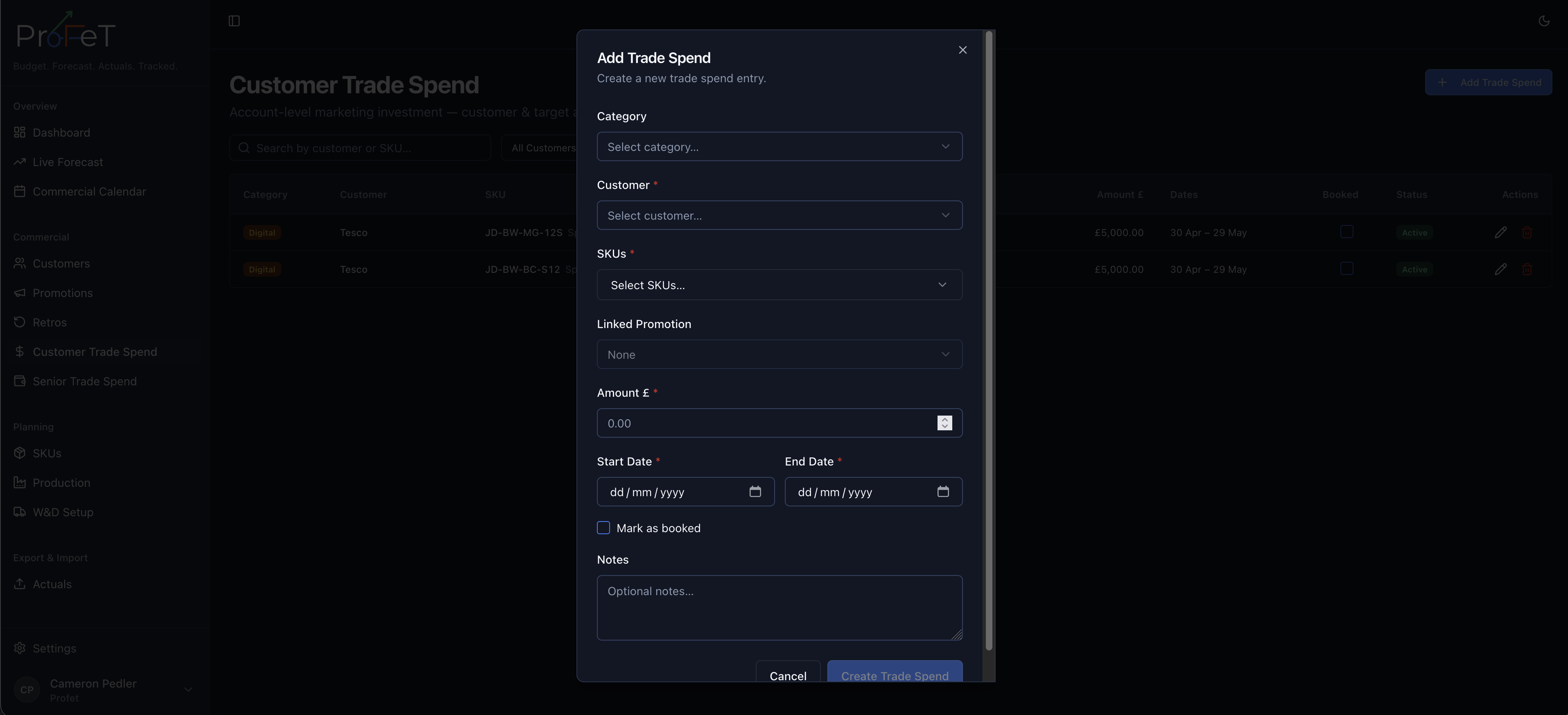 Add trade spend form with customer, SKU, amount, category, and date fields