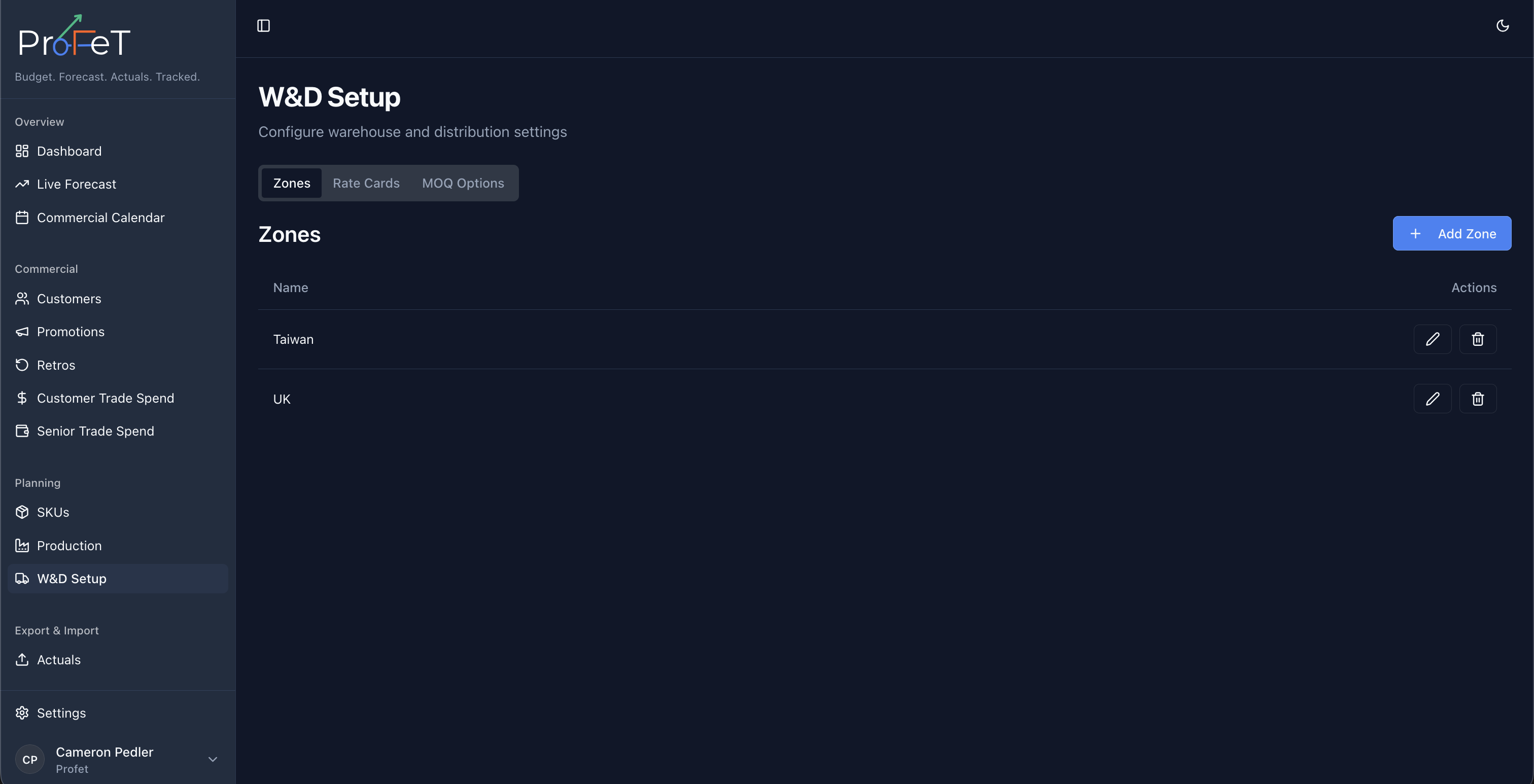 W&D Setup overview showing fulfilment methods and configuration sections