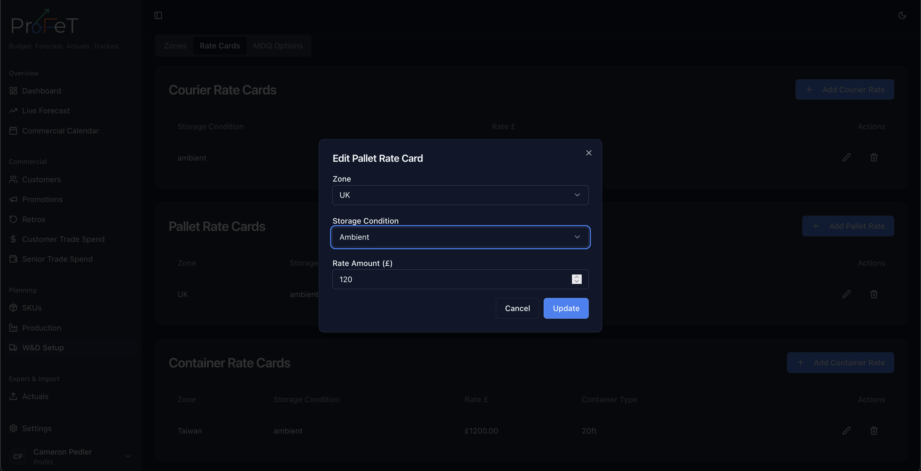 W&D Setup method detail view for active distribution settings