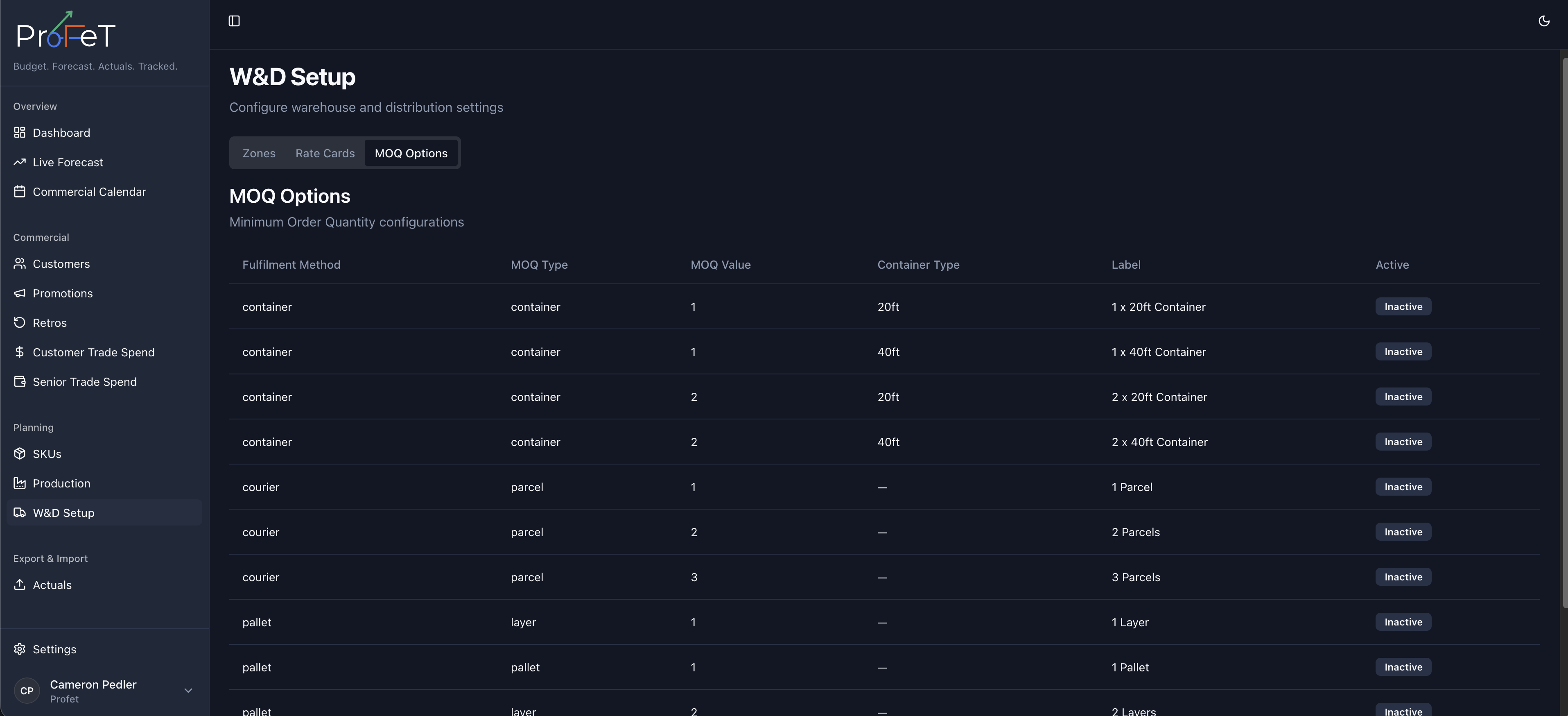 W&D Setup MOQ option configuration by fulfilment method